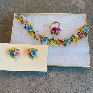 Vintage 1960s Austria Jewelry Enameled Flower cluster ring earrings and bracelet